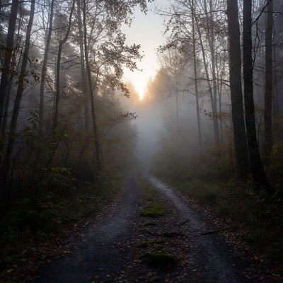 Sunrise in a foggy forest path