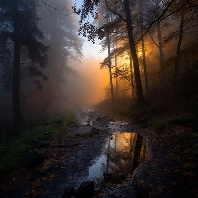 Foggy forest trail at sunset