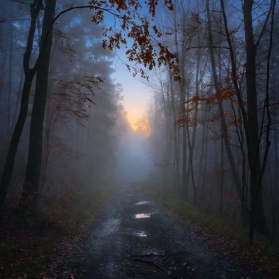 Misty path through dark forest