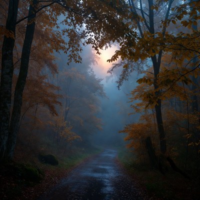 Foggy path in autumn forest