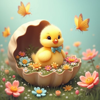 Cute chick in colorful flowers