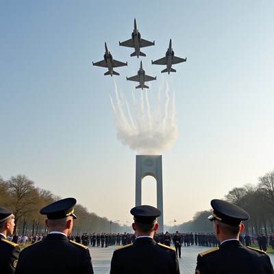 Military jets fly over monument during ceremony