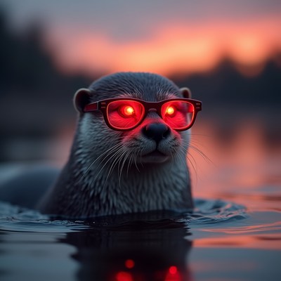 Otter wearing glasses at sunset