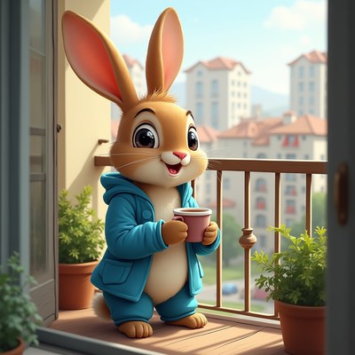 Cartoon rabbit holding a cup