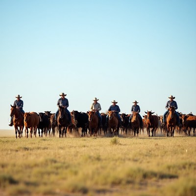 Ranchers driving cattle across open land