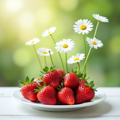 Strawberries and flowers on plate