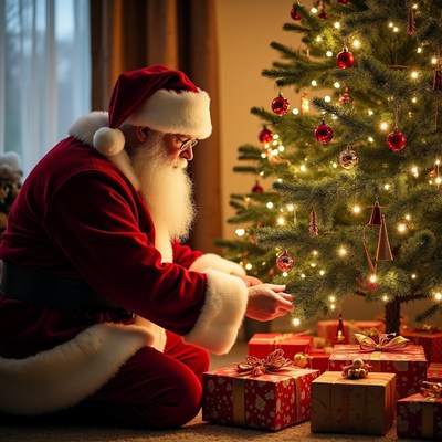 Santa decorating a christmas tree