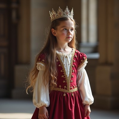 Girl in royal dress stands in castle