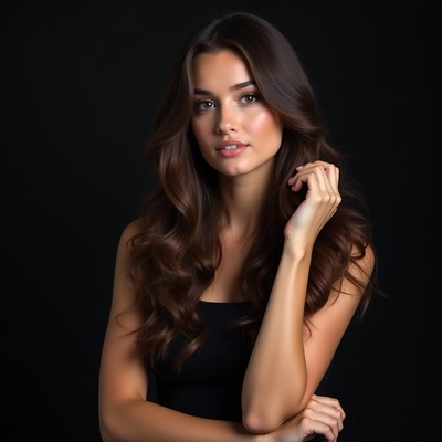 Model poses against black background