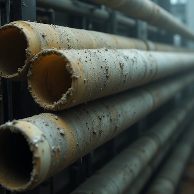 Pipes stacked in industrial setting