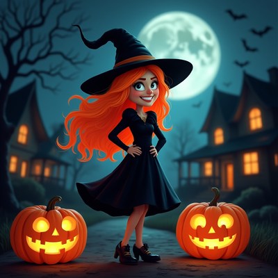 Witch with pumpkins in town