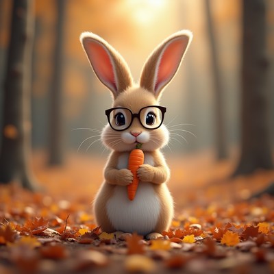 Rabbit in forest holding carrot
