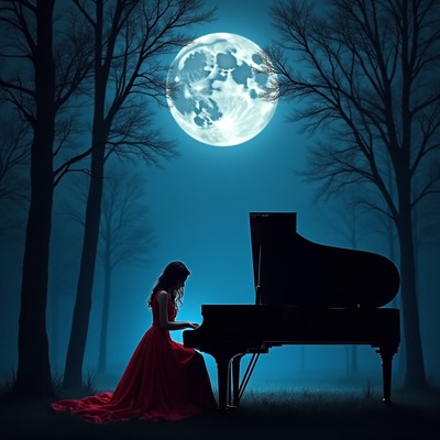 Woman plays piano under full moon