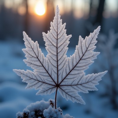 Frost on maple leaf in morning light