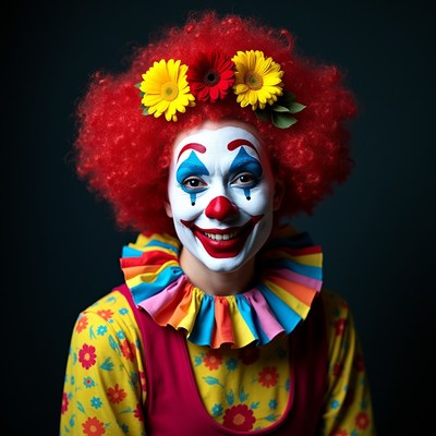 Clown with colorful outfit smiling