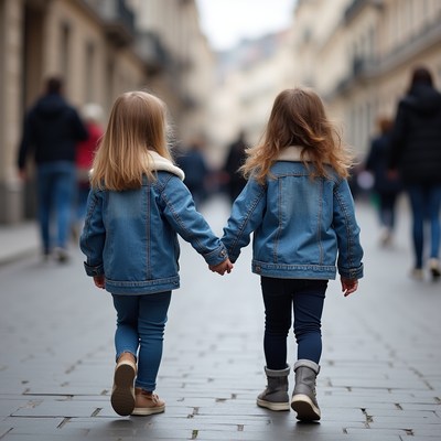 Two kids walking on city street together