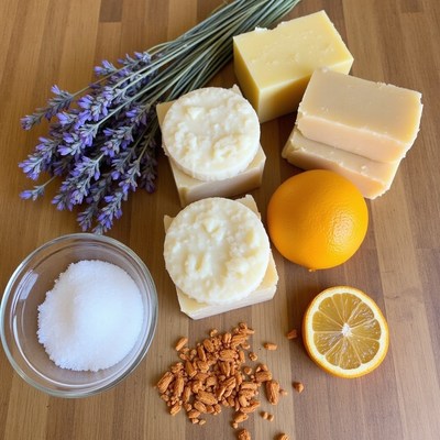 Soap making ingredients on wooden table