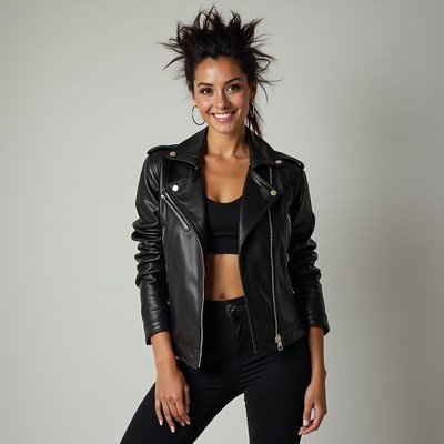 Woman in leather jacket posing indoors