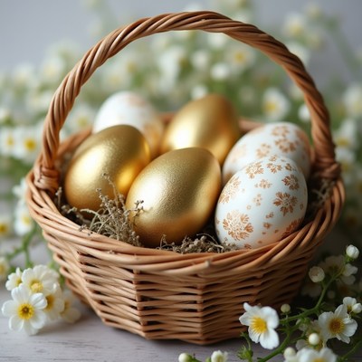 Golden eggs in woven basket