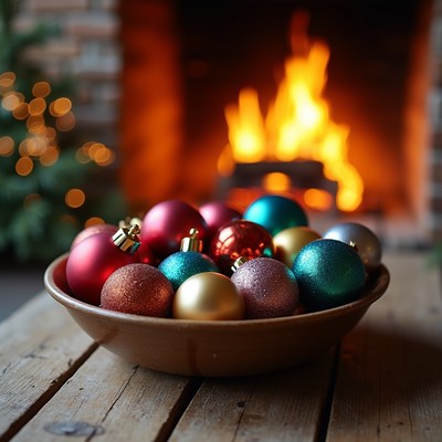 Holiday ornaments in a bowl by the fire