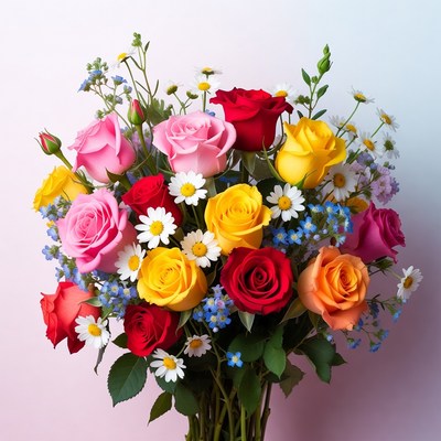 Bright floral bouquet with roses and daisies