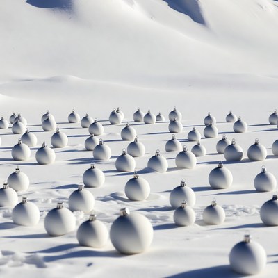 Snowy field with white ornaments scattered