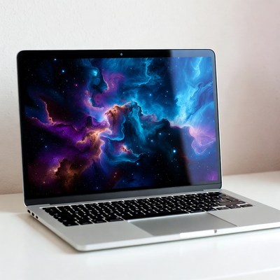 Laptop displaying galaxy background design
