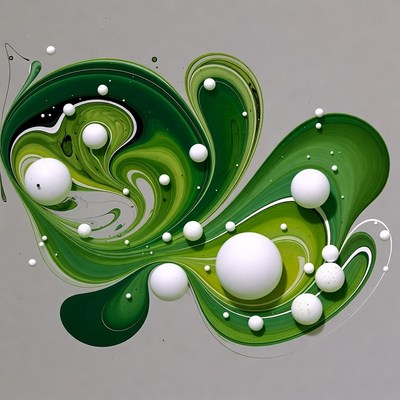 Paint swirls with white spheres in green tones