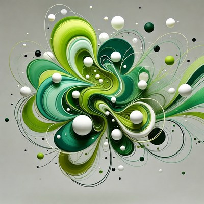 Green spiral shapes with spheres in motion