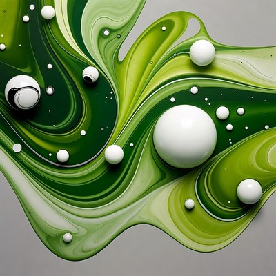 Green and white liquid swirl with balls