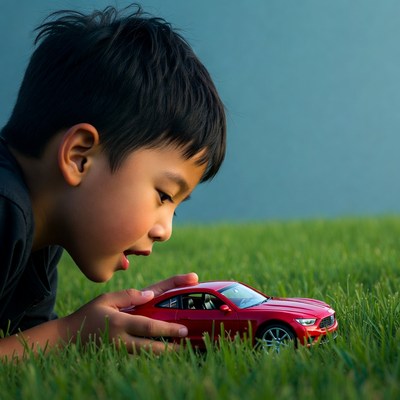 Boy playing with toy car on grass