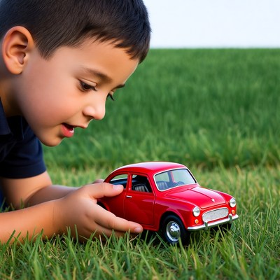 Child plays with toy car