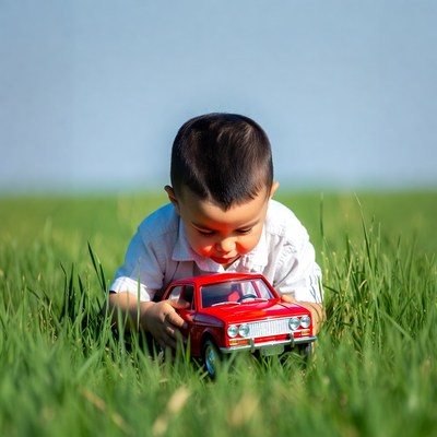 Boy playing with a toy car outside