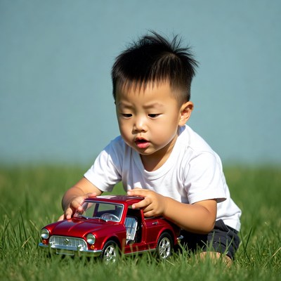 Boy playing with toy car outside