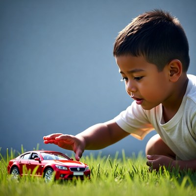 Child playing with toy car outdoors