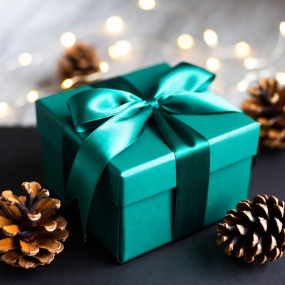 Green gift box with pine cones