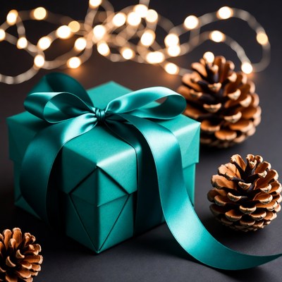 Gift box with ribbon and pine cones