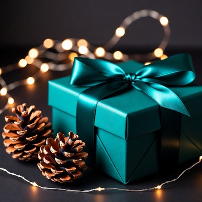 Gift box with pinecones and lights