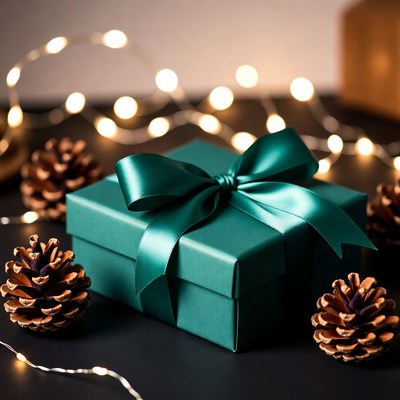 Green gift box with lights and pinecones