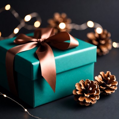 Green gift box with decorations for celebration