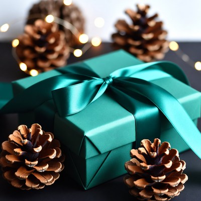 Wrapped gift with pine cones and lights