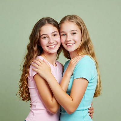 Friends smiling together in simple outfits