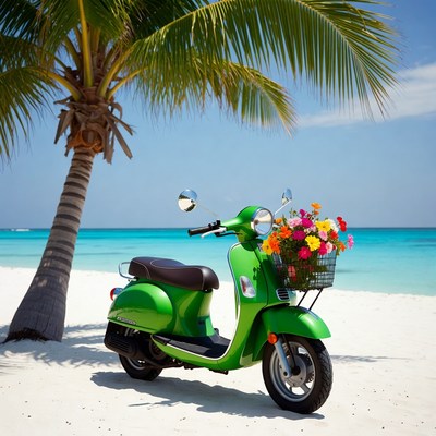 Green scooter near beach palm