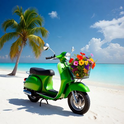 Green scooter by the beach