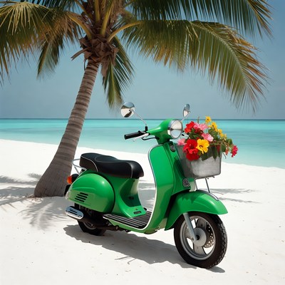 Green scooter on tropical beach