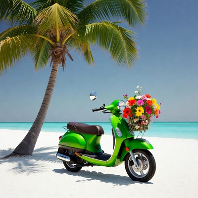 Bright scooter on sandy beach