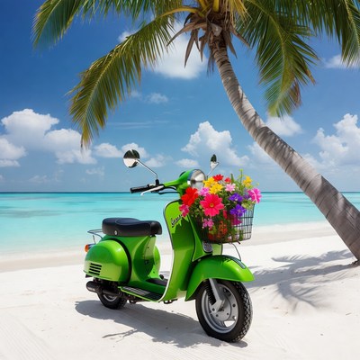 Green scooter parked by palm tree