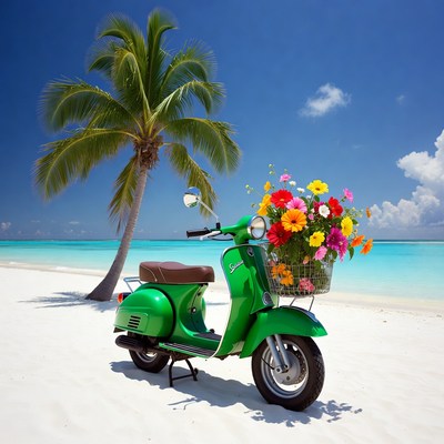 Green scooter by the beach