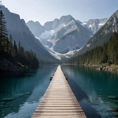 Mountain lake with wooden pier in summer