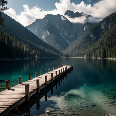 Mountain lake with wooden dock under clouds
